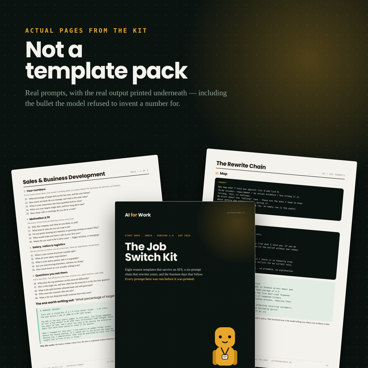 Actual pages from the kit showing real prompts with the real AI output printed underneath