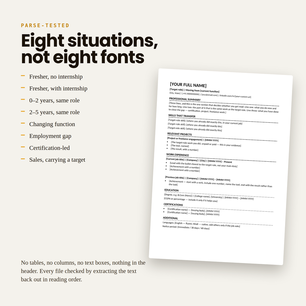 Eight ATS-safe resume templates, one for each situation: fresher, career switcher, employment gap, sales and more